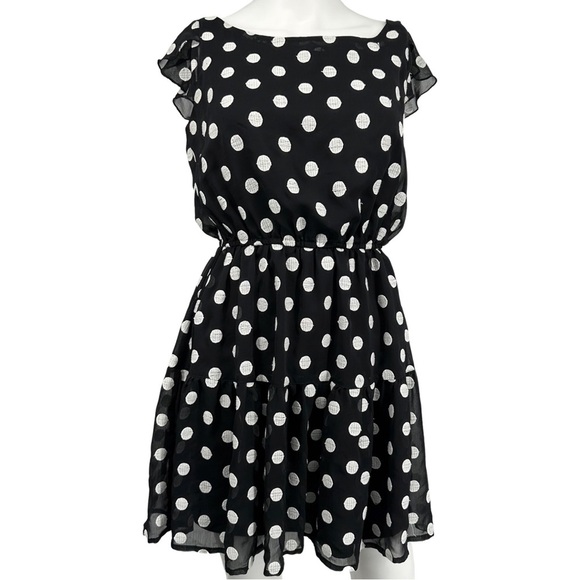 Embroidered Black and White Polka Dot ruffle Sleeve Dress - Picture 1 of 4